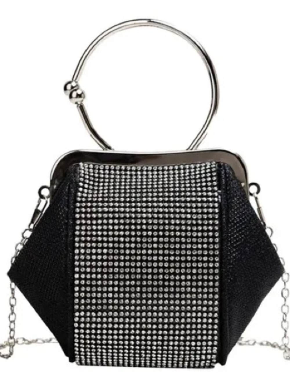 UO Black Crystal Mesh Wristlet with Silver Ring Handle